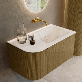 Mondiaz Kurve-dlux 85cm badmeubel ronding links dusk met 1 lade en deur en wastafel cloud rechts zonder kraangat frappe