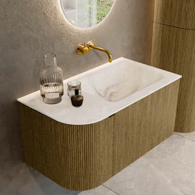 Mondiaz Kurve-dlux 85cm badmeubel ronding links dusk met 1 lade en deur en wastafel cloud rechts zonder kraangat frappe