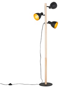 Landelijke vloerlamp zwart met hout 3-lichts - Flint Landelijk E27 Binnenverlichting Lamp