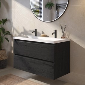 Saqu Gaia badmeubel incl. glans witte wastafel met 2 kraangaten 100x52x64cm eiken zwart – zwarte greeplijst