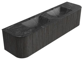 Mondiaz Kurve-dlux 180cm badmeubel ronding links/rechts shadow met 2 lades en deuren en wastafel leaf dubbel 2 kraangaten lava
