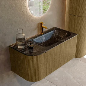 Mondiaz Kurve-dlux 95cm badmeubel ronding links dusk met 1 lade en deur en wastafel big small kraangat rechts lava