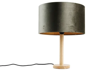 Tafellamp hout met velours kap groen 35cm - Mels Klassiek / Antiek, Landelijk E27 rond Binnenverlichting Lamp