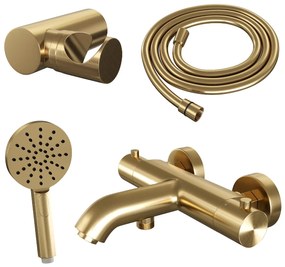 Brauer Gold Edition thermostatische badkraan met wandhouder en 3 standen handdouche geborsteld messing PVD