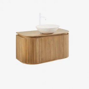 Conjunto Vaniteitmeubel 90x40 Cm Zwevend In Mangohout Analis Mangohout & Rond Cement Wit Ø40 Cm Zavion & Spiegelloze & Wit ↑30 Cm Met Aftapkraan Zonde