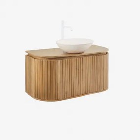 Mango Houten Badkamermeubelset Analis Natuurlijk Hout & Rond Cement Wit Ø40 Cm Zavion & Spiegelloze & Wit ↑30 Cm Met - Sklum