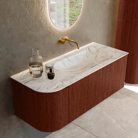 Mondiaz Kurve-dlux 115cm badmeubel ronding links ruby met 1 lade en deur en wastafel big small rechts zonder kraangat glace
