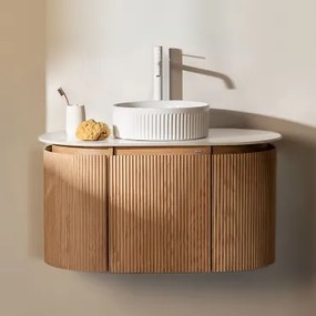 Carsone Hangend Badkamermeubelset Van Hout Natuurlijk Hout & Zonder Extra Eenheid & Redondo Cerámica Blanco Rayas Ø36 Cm Sinqua - Sklum