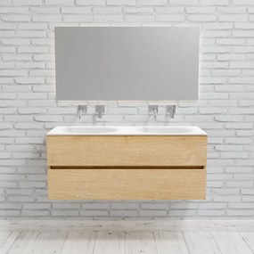 Zaro Sevilla Solid Surface badmeubel 120cm licht eiken zonder kraangat dubbele spoelbak met 2 lades