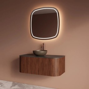 Gliss Design Alluro badmeubel ribbelfront met ronding links/rechts 100cm walnut en zwart leisteen toppaneel