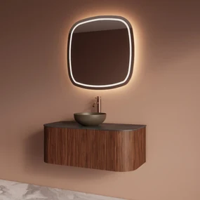 Gliss Design Alluro badmeubel ribbelfront met ronding links/rechts 100cm walnut en zwart leisteen toppaneel