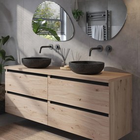 Saqu Gaia badmeubel incl. natuurstenen waskommen 160x51x74cm naturel eiken – zwarte greeplijst