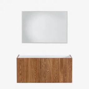 Badkamermeubelset In Hout Met Geïntegreerde Wastafel Fiore Donker Hout & Rechthoekige Led En Anticondens 100x70 Cm Riben & Zonder Kraan - Sklum