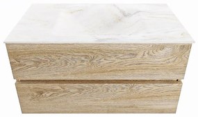 Mondiaz Vica DLux badmeubel 90cm washed oak 2 lades met wastafel ostra midden zonder kraangat