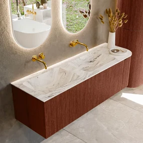 Mondiaz Kurve-dlux 145cm badmeubel ronding rechts ruby met 1 lade en deur en wastafel leaf dubbel/links zonder kraangat glace