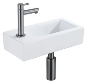 QeramiQ Fuente Fonteinset - 37.5x18.5x9cm - keramiek - kraangat links - fonteinkraan gunmetal - afvoerplug - verlaagd sifon - Glans wit SW1122449/SW769487/SW767295/SW696239