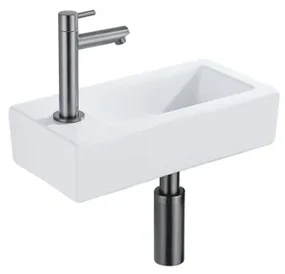 QeramiQ Fuente Fonteinset - 37.5x18.5x9cm - keramiek - kraangat links - fonteinkraan gunmetal - afvoerplug - verlaagd sifon - Glans wit SW1122449/SW769487/SW767295/SW696239