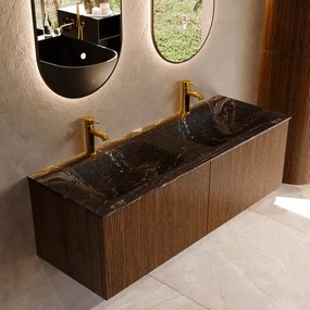 Mondiaz Kurve-dlux 130cm badmeubel dusk met 2 lades en wastafel leaf dubbel 2 kraangaten lava