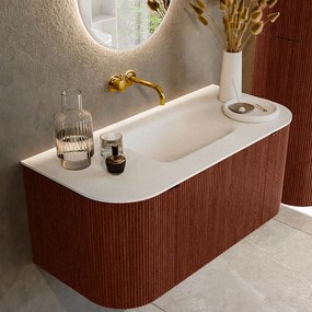 Mondiaz Kurve 100cm badmeubel ronding links/rechts ruby met 1 lade en 2 deuren en wastafel grunne midden zonder kraangat