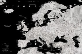 Kaart Black and grey detailed map of Europe in watercolor, Blursbyai, (40 x 26.7 cm)