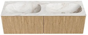 Mondiaz Kurve-dlux 140cm badmeubel oak met 2 lades en wastafel stor small dubbel 2 kraangaten frappe
