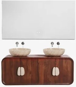 Dubbel Zwevend Badkamermeubelset 130x45 Cm Van Mangohout En Natuurlijke Kivalina-steen Travertijn - Donker Mangohout & 2 X Ronde Travertijn Ø40 -
