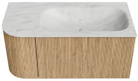 Mondiaz Kurve-dlux 95cm badmeubel ronding links oak met 1 lade en deur en wastafel big small kraangat rechts opalo