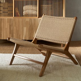 Lounge fauteuil in teak en gevlochten koord, Amanda