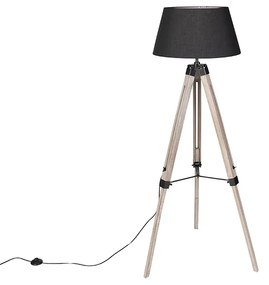 Industriële vloerlamp op houten driepoot met zwarte kap - Rio Industriele / Industrie / Industrial E27 rond Binnenverlichting Lamp