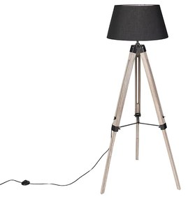 Industriële vloerlamp op houten driepoot met zwarte kap - Rio Industriele / Industrie / Industrial E27 rond Binnenverlichting Lamp