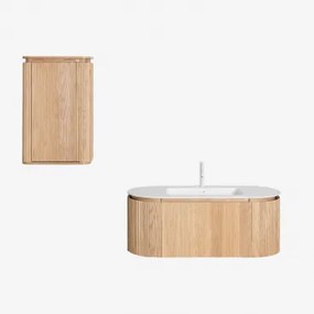 Conjunto Vaniteitmeubel 120x50 Cm Zwevend In Hout Met Geïntegreerde Wasbak Carsone Natuurlijk Hout & Natuurlijk Hout & Spiegelloze & Wit ↑20 Cm Met Ov