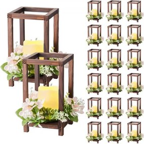 VEVOR set van 20 houten lantaarns, inclusief 20 kandelaars, 20 vlamloze LED-kaarsen en 20 champagnekleurige bloemenkransen voor bruiloftstafels, feesten en boerderijdecoratie, bruin.