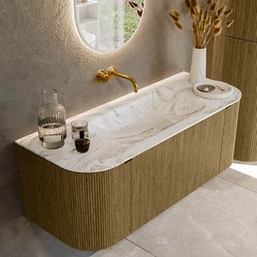 Mondiaz Kurve-dlux 120cm badmeubel ronding links/rechts dusk met 1 lade en 2 deuren en wastafel big small midden zonder kraangat glace