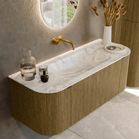Mondiaz Kurve-dlux 120cm badmeubel ronding links/rechts dusk met 1 lade en 2 deuren en wastafel big small midden zonder kraangat glace