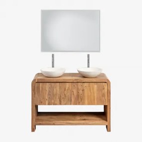 Vacry Houten Badkamermeubelset Acacia Bruin & 2 X Rond Wit Cement Ø40 Cm Zavion & Rechthoekige Led En Anticondens 100x70 Cm Riben & 2 X - Sklum