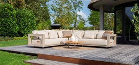 4 Seasons Outdoor Metropolitan hoekbank latte met Volta tafels Ø 45 en 80 cm  LoungebankLoungeset    beige weerbestendig