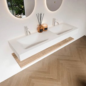 Zaro Alan badmeubel 140cm met planchet washed oak en vrijhangende wastafel cloud dubbel 2 kraangaten talc