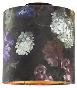 Stoffen Plafondlamp met velours kap bloemen met goud 25 cm - Combi zwart Klassiek / Antiek E27 rond Binnenverlichting Lamp