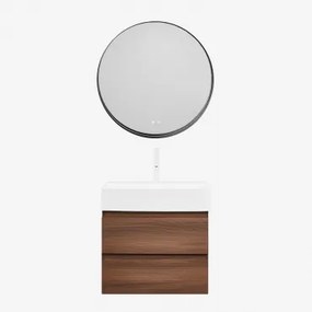 Badkamermeubelset Van Hout En Essenhoutfineer Met Geïntegreerde Wastafel Ona Donker Hout & Round Led And Antifog Zwart Ø80 Cm Kimacs & - Sklum