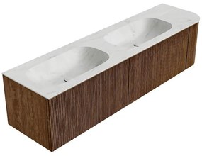 Mondiaz Kurve-dlux 175cm badmeubel ronding rechts walnut met 2 lades en 1 deur en wastafel stor small dubbel/links zonder kraangat opalo