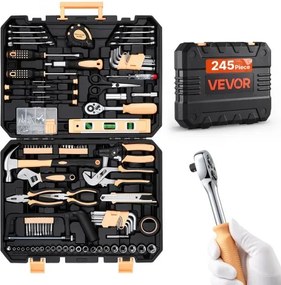 VEVOR 245-delige gereedschapset, gereedschapskist, gereedschapskast, voor dagelijkse klusjes en doe-het-zelfprojecten, met PE-opbergkoffer, hamer, sleutels, bits en tangen.