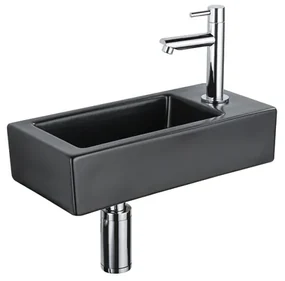 QeramiQ Fuente Fonteinset - 37.5x18.5x9cm - keramiek - kraangat rechts - fonteinkraan chroom - afvoerplug - verlaagd sifon - Mat Zwart SW1122447/SW696209/SW696219/SW696234