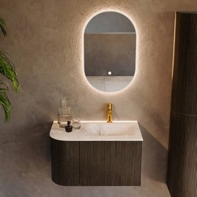 Mondiaz Kurve-dlux 75cm badmeubel ronding links shadow met 1 lade en deur en wastafel grunne kraangat rechts frappe