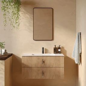 Muebles Marbella badmeubel ribbelfront 100cm warm eiken met witte wastafel met kraangat
