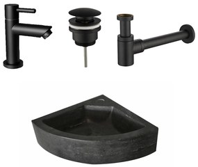 Lambini Designs Corner natuursteen fonteinset met zwarte kraan en toebehoren