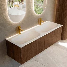 Mondiaz Kurve 140cm badmeubel walnut met 2 lades en wastafel big small dubbel 2 kraangaten