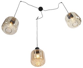 Design hanglamp zwart met amber glas 3-lichts 226 cm - Qara