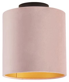 Stoffen Plafondlamp met velours kap oud roze met goud 20 cm - Combi zwart Klassiek / Antiek E27 rond Binnenverlichting Lamp