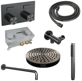 Brauer Stripe inbouw regendouche met 25cm hoofddouche, gebogen muurarm en staafhanddouche set 26 gunmetal geborsteld PVD
