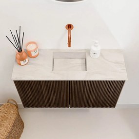 Mondiaz Joya DLux 70cm toiletmeubel walnut met wastafel faye midden zonder kraangat ostra